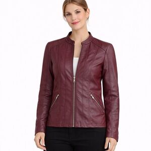 NOT AVAILABLE: Lock & Love Burgundy Faux Leather Moto Jacket